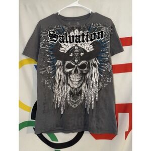 Vintage Y2K Carbon Black T Shirt Medium Grunge Skull Wings Cross
